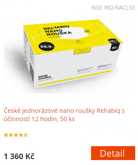 České jednorázové nano roušky Rehabiq s účinností 12 hodin, 50 ks